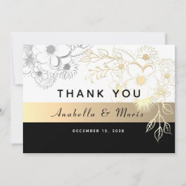 Tarjeta De Agradecimiento Boda Vintage Elegante de Negro y Dorado