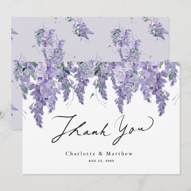 Tarjeta De Agradecimiento Boda Wisteria Purple Watercolor (Anverso / Reverso)