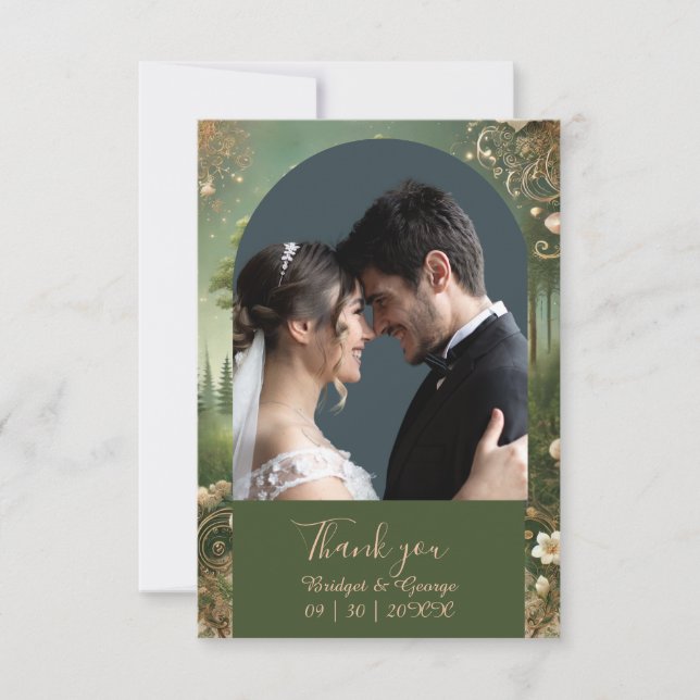 Tarjeta De Agradecimiento boda y foto del bosque medieval verde (Anverso)