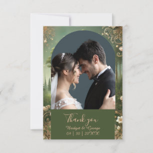 Tarjeta De Agradecimiento boda y foto del bosque medieval verde