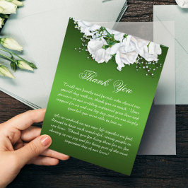 Tarjeta De Agradecimiento Bodas Boho de Rosas Blancas y Elegante Verde