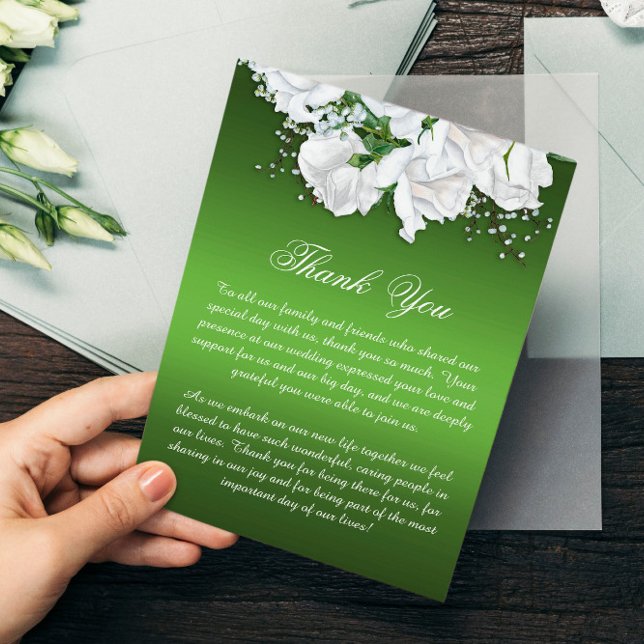 Tarjeta De Agradecimiento Bodas Boho de Rosas Blancas y Elegante Verde (Subido por el creador)