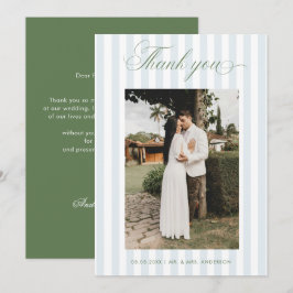 Tarjeta De Agradecimiento Bodas con Rayas Azules Atemporales en Verde Salvia