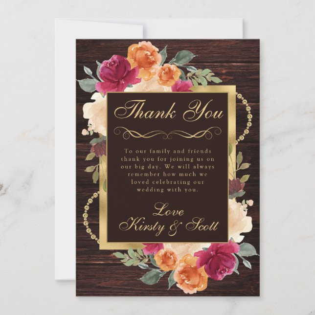 Tarjeta De Agradecimiento Bodas de flores otoñales naranjas quemadas rústica (Anverso)
