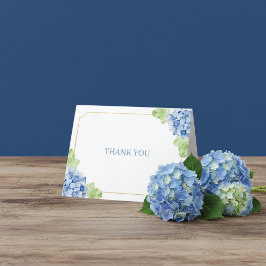 Tarjeta De Agradecimiento Bodas de Hortensias Azules con Marco de Oro