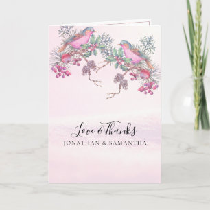 Tarjeta De Agradecimiento Bodas de Invierno con Acuarela de Pinos, Pájaros y