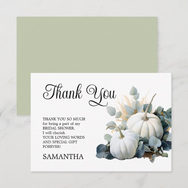 Tarjeta De Agradecimiento Bodas de pompa de calabazas blancas y eucalipto ve (Anverso / Reverso)