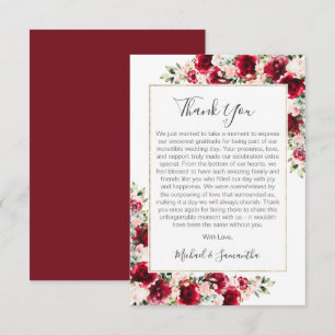 Tarjeta De Agradecimiento Bodas de rosas rojas y rubor elegante