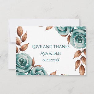 Tarjeta De Agradecimiento Bodas de Rosas Verdes Azules y Hojas de Bronce
