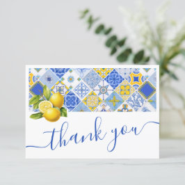 Tarjeta De Agradecimiento Bodas de Verano Limón Azulejos Azules Italianos Br
