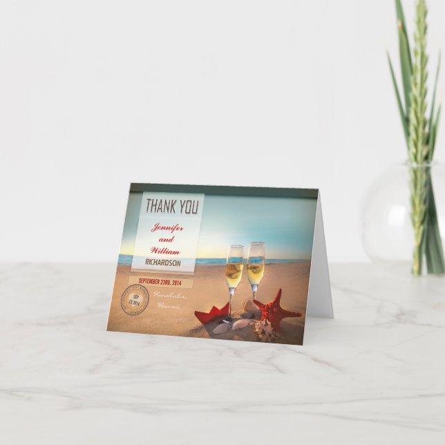 Tarjeta De Agradecimiento bodas en la playa gracias a las cartas (Anverso)