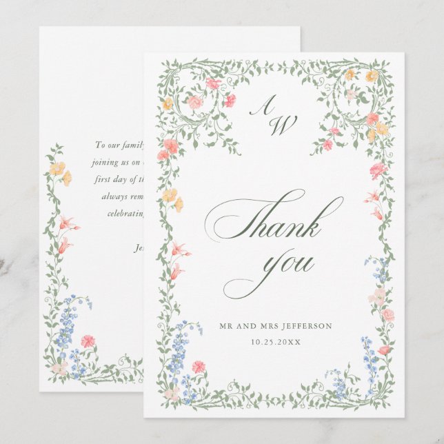 Tarjeta De Agradecimiento Bodas Florales de Rosas Francesas Pastel Pradera (Anverso / Reverso)