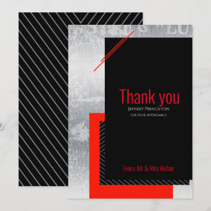 Tarjeta De Agradecimiento Bodas geométricas rojo, negro, gris, rayas blancas