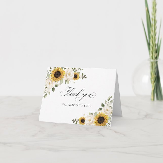 Tarjeta De Agradecimiento Bodas Rústicas de Girasoles Flores Blancas Verdor (Anverso)