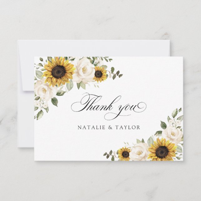 Tarjeta De Agradecimiento Bodas Rústicas de Girasoles Flores Blancas Verdor (Anverso)