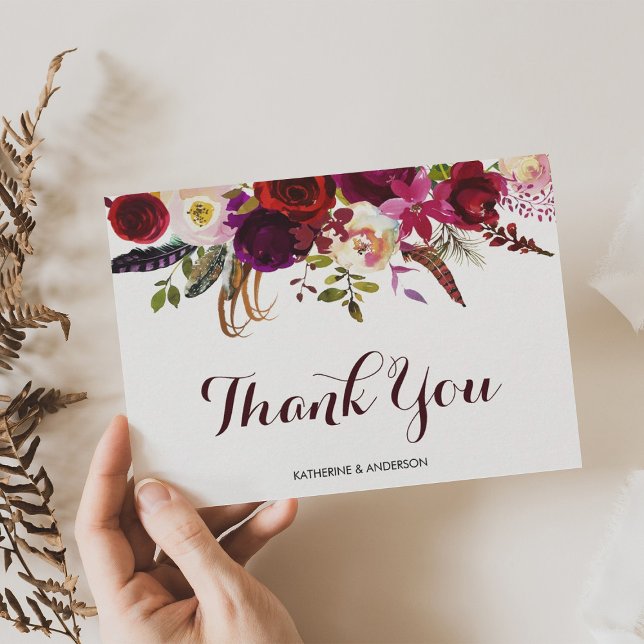 Tarjeta De Agradecimiento Bohemia Floral Borgoña Boda Caída Bohemia Gracias (Subido por el creador)