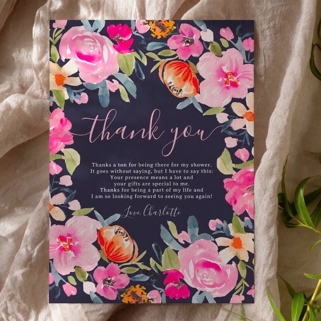 Tarjeta De Agradecimiento Bohemian atrevido floral acuarela ducha nupcial (Bohemian bold floral watercolor bridal shower thank you card on navy blue)