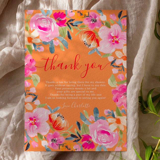 Tarjeta De Agradecimiento Bohemian floral audaz aquarela para baby shower (Bohemian bold floral watercolor bridal shower thank you card on orange)