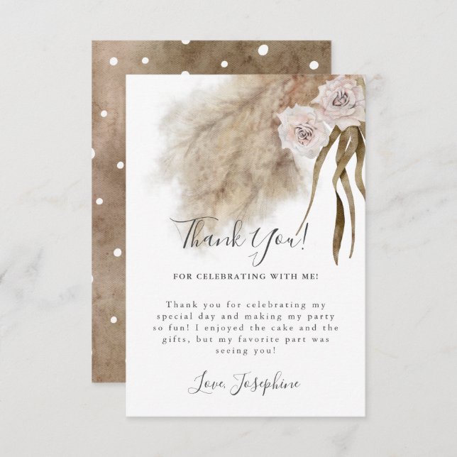 Tarjeta De Agradecimiento Bohemian Pampas Grass Chica Birthday Party (Anverso / Reverso)