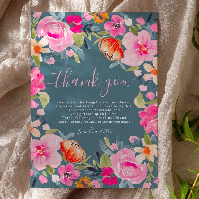 Tarjeta De Agradecimiento Bohemio audaz floral acuarela ducha de novia (Bohemian bold floral watercolor bridal shower thank you card)