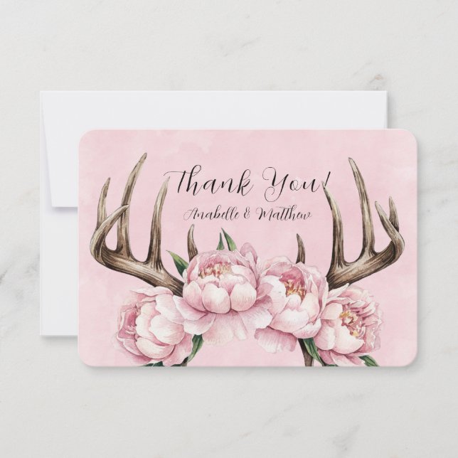 Tarjeta De Agradecimiento Boho Antler con el Boda de los pueblos rosados (Anverso)