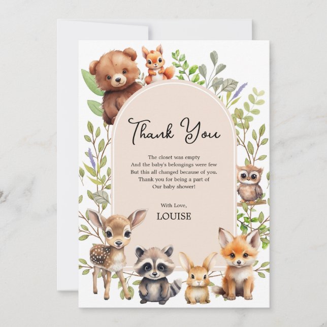 Tarjeta De Agradecimiento Boho Arch Greenery Woodland Animals Baby Shower (Anverso)
