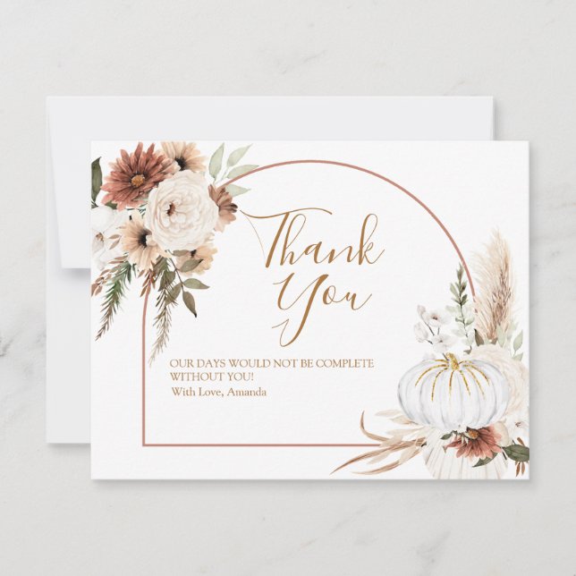 Tarjeta De Agradecimiento Boho Arch White Pumpkin Floral Baby Shower (Anverso)