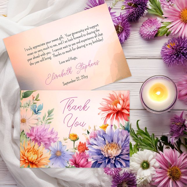 Tarjeta De Agradecimiento Boho Aster Flores Fiesta de Cumpleaños Floral (Boho Aster Flowers Floral Birthday Party Thank You Flat Two-Sided Card)