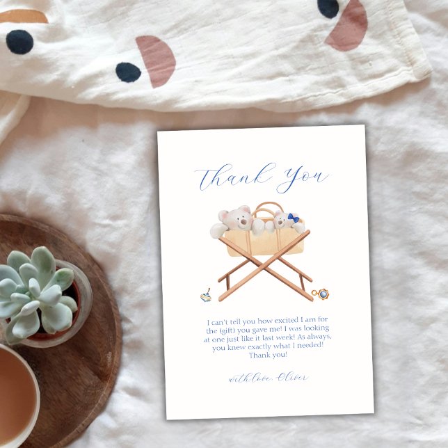 Tarjeta De Agradecimiento Boho Bassinet Toy Boy Baby Shower (Boho Bear Bassinet Toy Boy Baby Shower Thank You Card)