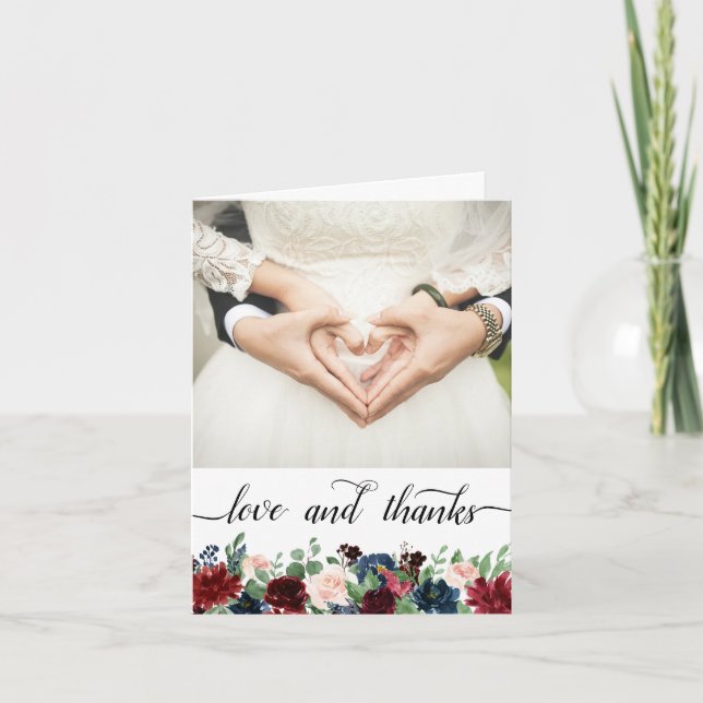 Tarjeta De Agradecimiento Boho Bloom | Borgoña y Marina 2 Foto Amor y (Anverso)