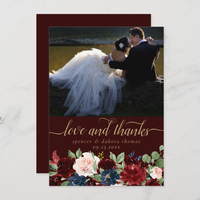 Tarjeta De Agradecimiento Boho Bloom | Dark Elegant Garland Photo Love y (Anverso / Reverso)