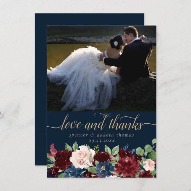 Tarjeta De Agradecimiento Boho Blooms | Marina negra y foto roja amor y (Anverso / Reverso)