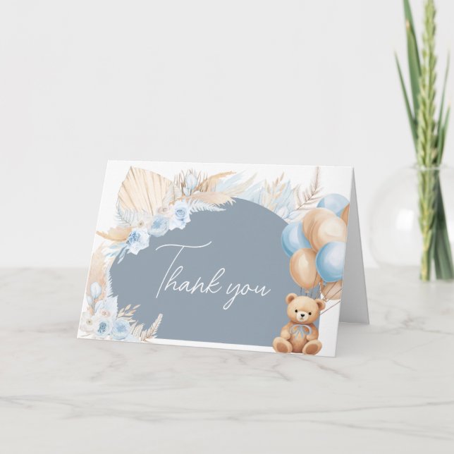 Tarjeta De Agradecimiento Boho Blue Bear Balloon Baby Shower (Anverso)