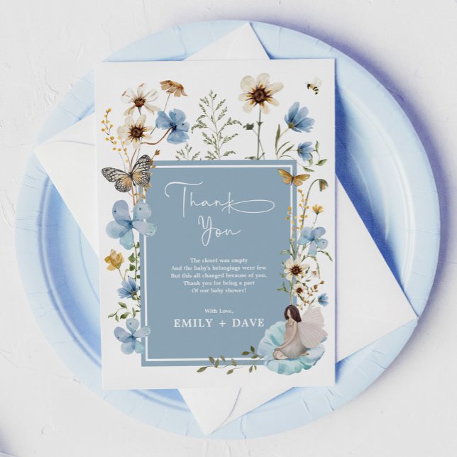 Tarjeta De Agradecimiento Boho Blue Fairy Wildflower Garden Baby Shower (Subido por el creador)