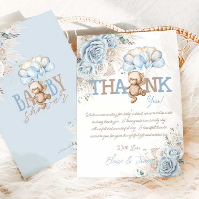 Tarjeta De Agradecimiento Boho Blue Floral Pampas Teddy Bear Boy Baby Shower (Subido por el creador)