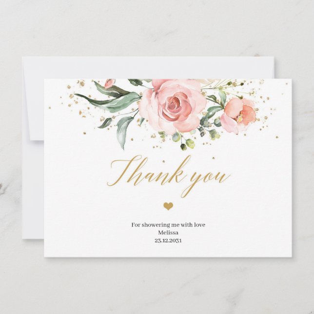 Tarjeta De Agradecimiento Boho Blush pink floral eucalyptus gold Bridal (Anverso)