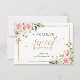 Tarjeta De Agradecimiento Boho Blush rosa floral brillo dorado 16 cumpleaños