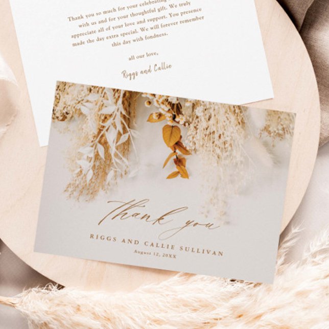 Tarjeta De Agradecimiento Boho Boda Floral Elegante Script (Elegant dried floral boho script wedding thank you cards.)