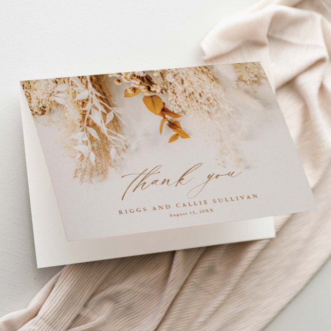 Tarjeta De Agradecimiento Boho Boda Floral Elegante Script (Elegant dried floral boho script wedding thank you cards.)