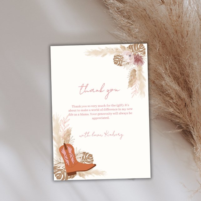 Tarjeta De Agradecimiento Boho Boho Chowgirl Rosa Pampas Baby Shower (Pink Elegant Boho Cowgirl Boots Pampas Baby Shower Thank You Card)
