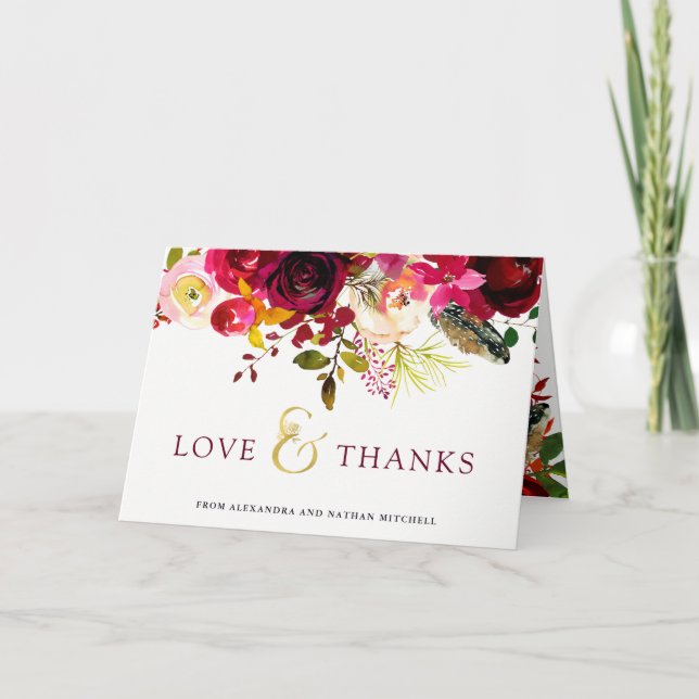 Tarjeta De Agradecimiento Boho Burgundy | Boda Floral Gracias (Anverso)