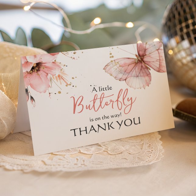Tarjeta De Agradecimiento Boho Butterfly Wild Floral Pink Girl Baby Shower (Subido por el creador)