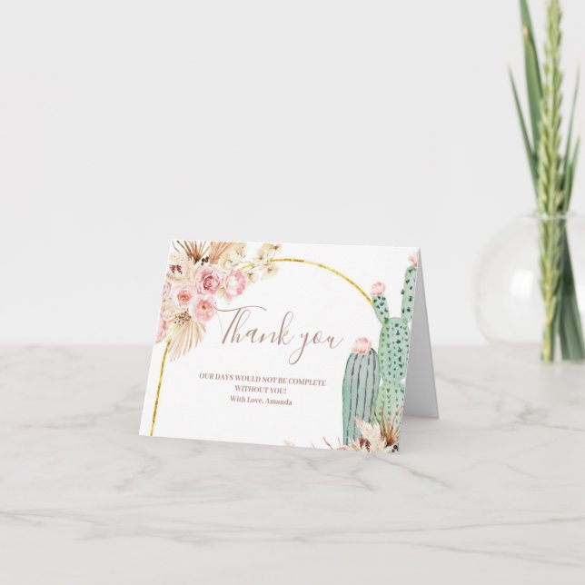 Tarjeta De Agradecimiento Boho Cactus Floral Bridal Shower (Anverso)