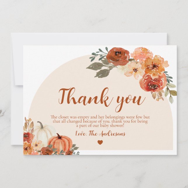 Tarjeta De Agradecimiento Boho Cae Pequeña Calabaza Otoño Floral Baby Shower (Anverso)