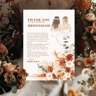 Tarjeta De Agradecimiento Boho Chic Terracota Pampas Dama de Honor Agradecim