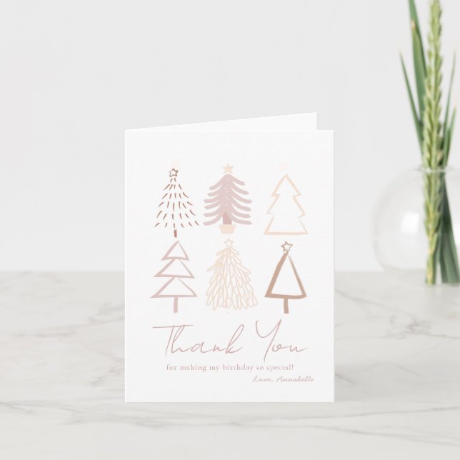 Tarjeta De Agradecimiento Boho Christmas Trees un día de cumpleaños rosado y (Anverso)