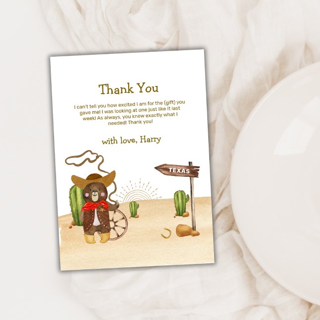Tarjeta De Agradecimiento Boho Cowboy Bear Western Rodeo Cactus Baby Shower (Boho Cowboy Bear Western Rodeo Cactus Baby Shower Thank You Card)