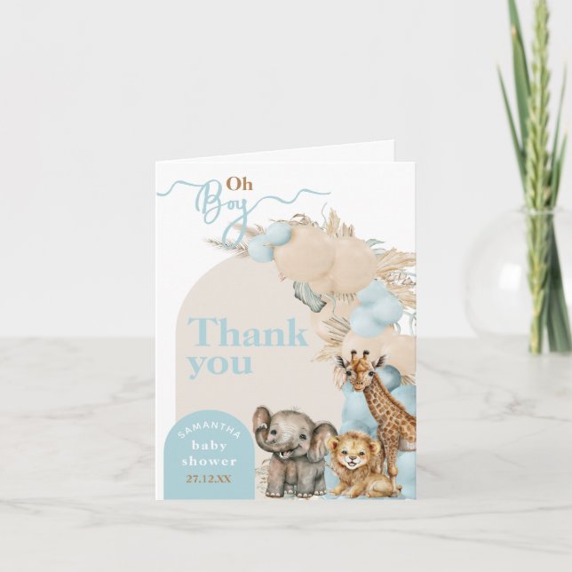 Tarjeta De Agradecimiento Boho de animales salvajes Oh Boy Baby Shower (Anverso)