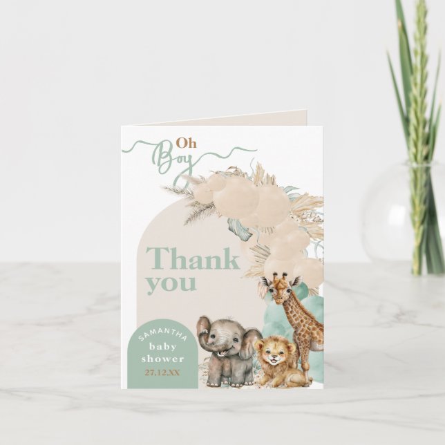 Tarjeta De Agradecimiento Boho de animales salvajes Oh Boy Baby Shower (Anverso)