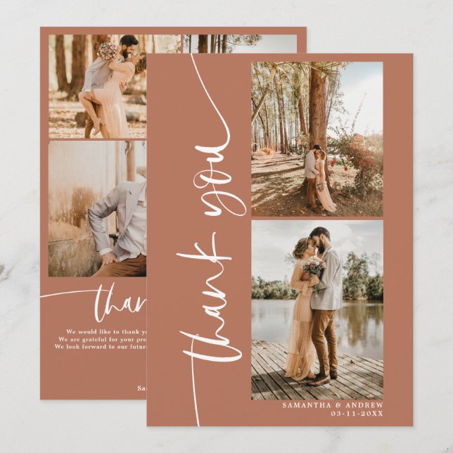 Tarjeta De Agradecimiento Boho de escritura moderna 5 fotos boda gracias (Anverso / Reverso)